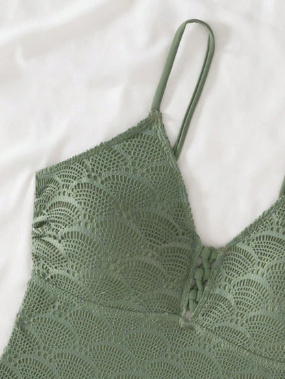 Swim Lushoire Women's Lace-Up Hollow Out Camisole Top And Triangle Bikini Bottom Fashion Swimsuit Set,Army Green Shell-Textured Tankini Swimsuit Set