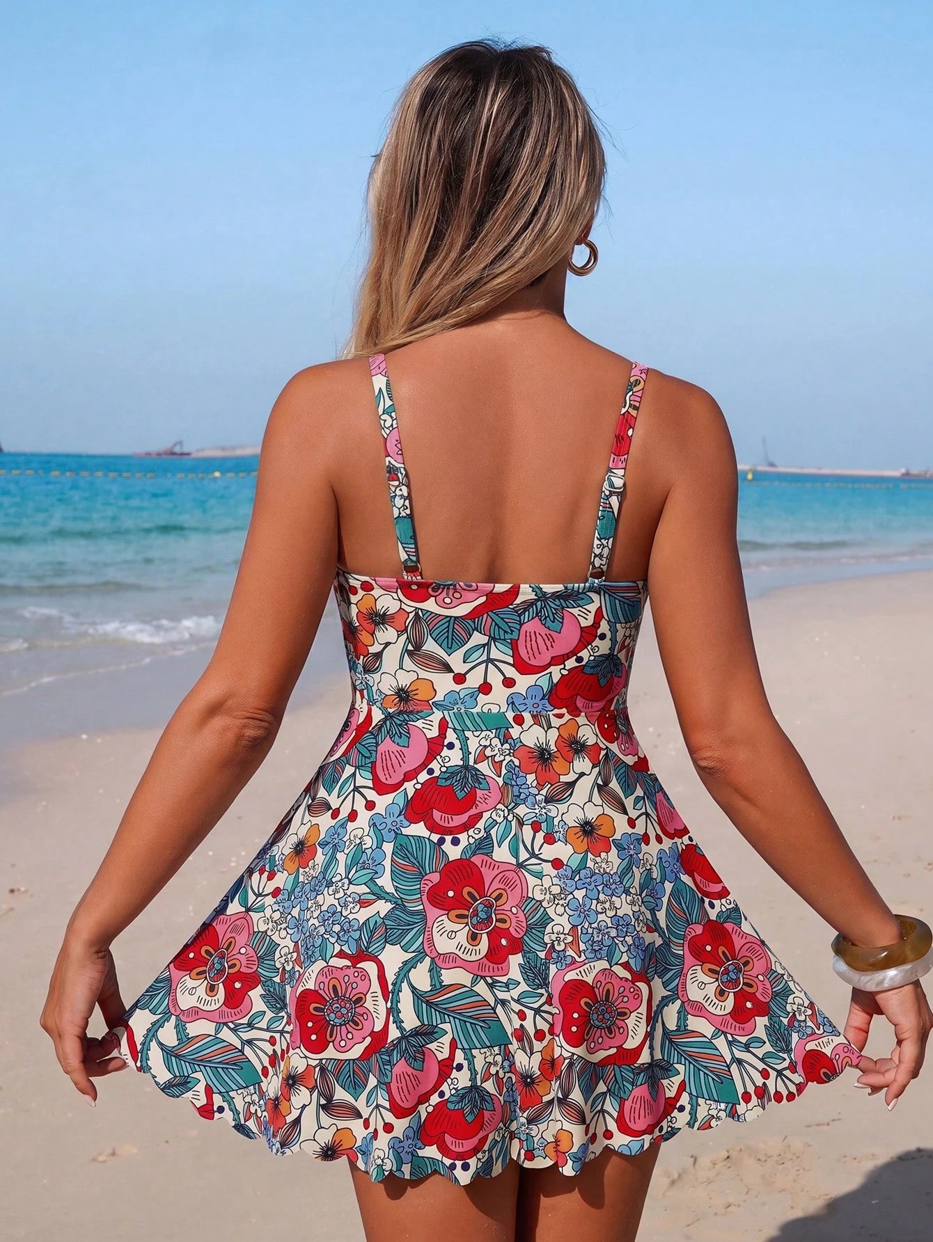 Swim Lushoire Women's Mature And Conservative Floral Print Spaghetti Strap Swimsuit Dress Two-Piece Set