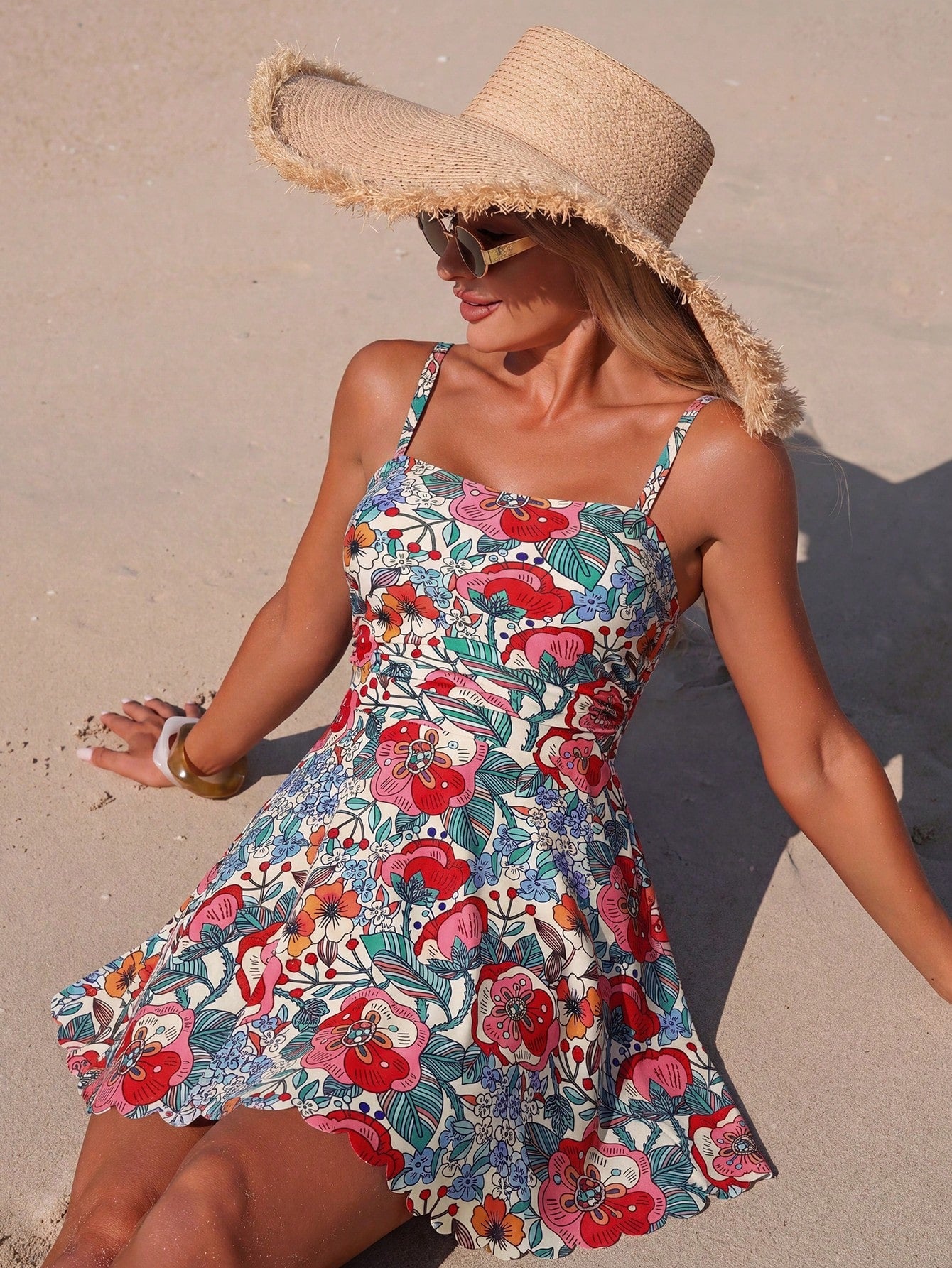 Swim Lushoire Women's Mature And Conservative Floral Print Spaghetti Strap Swimsuit Dress Two-Piece Set
