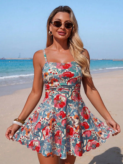 Swim Lushoire Women's Mature And Conservative Floral Print Spaghetti Strap Swimsuit Dress Two-Piece Set