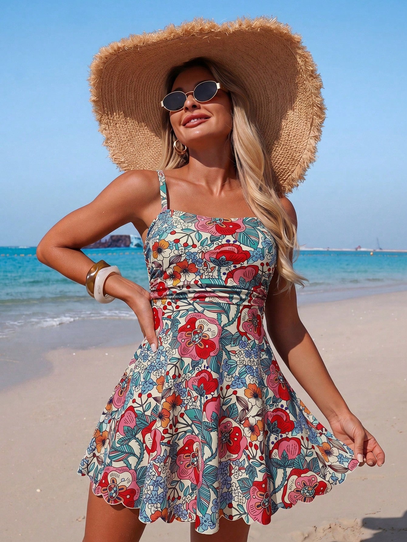 Swim Lushoire Women's Mature And Conservative Floral Print Spaghetti Strap Swimsuit Dress Two-Piece Set