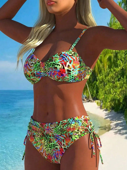 Swim Lushoire Women's Random Print Padded Bandeau Bikini Set With High Waist Bottoms, Summer