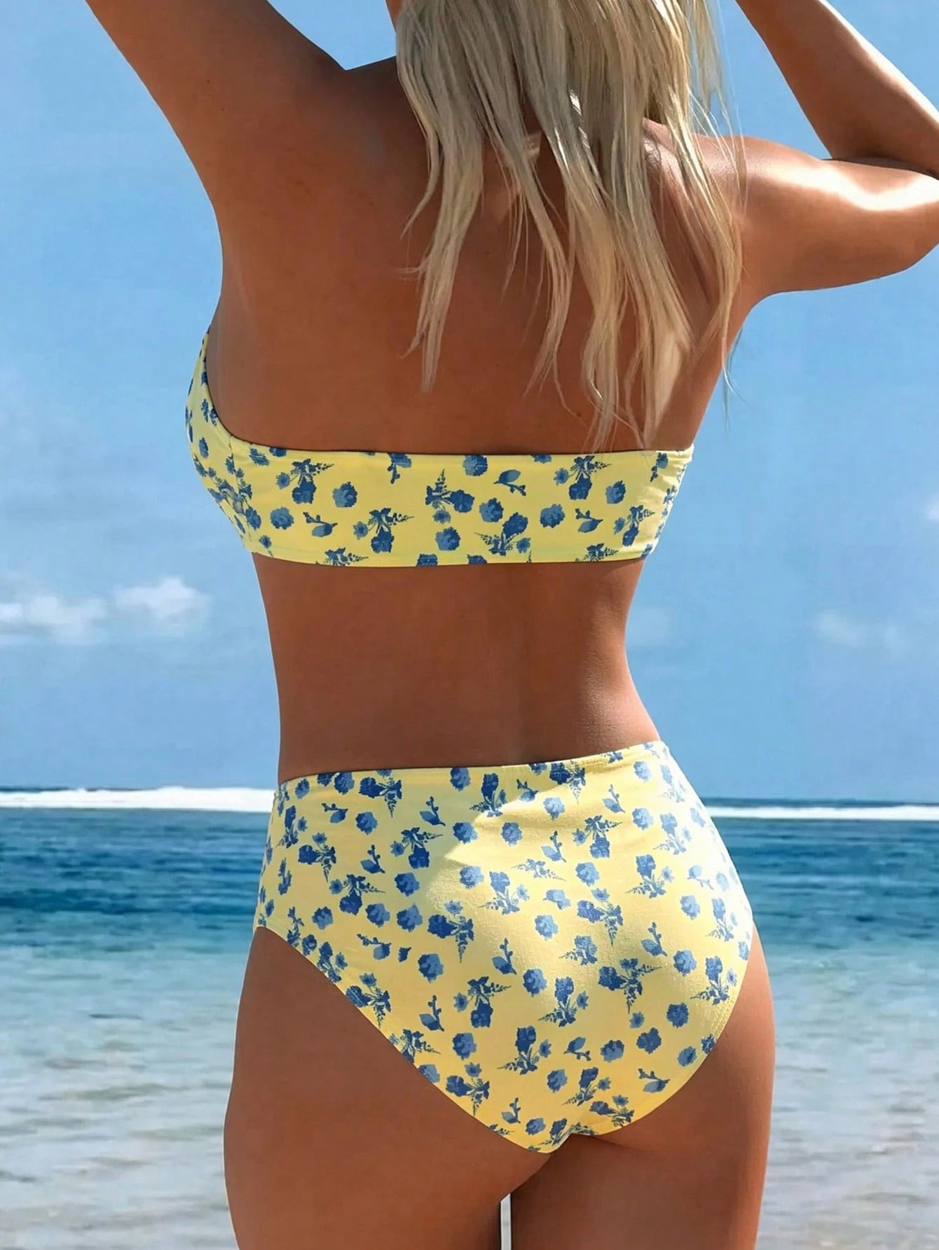 Swim Lushoire Women's Random Print Spaghetti Strap Bandeau Bikini High Waist Swimwear Set, Summer