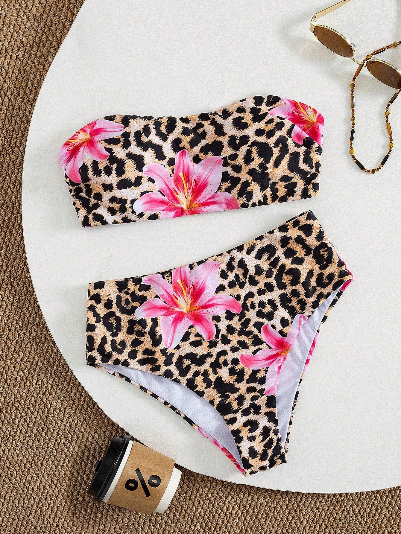 Swim Lushoire Women's Random Print Spaghetti Strap Bandeau Bikini High Waist Swimwear Set, Summer
