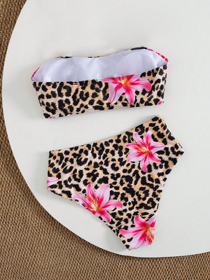 Swim Lushoire Women's Random Print Spaghetti Strap Bandeau Bikini High Waist Swimwear Set, Summer