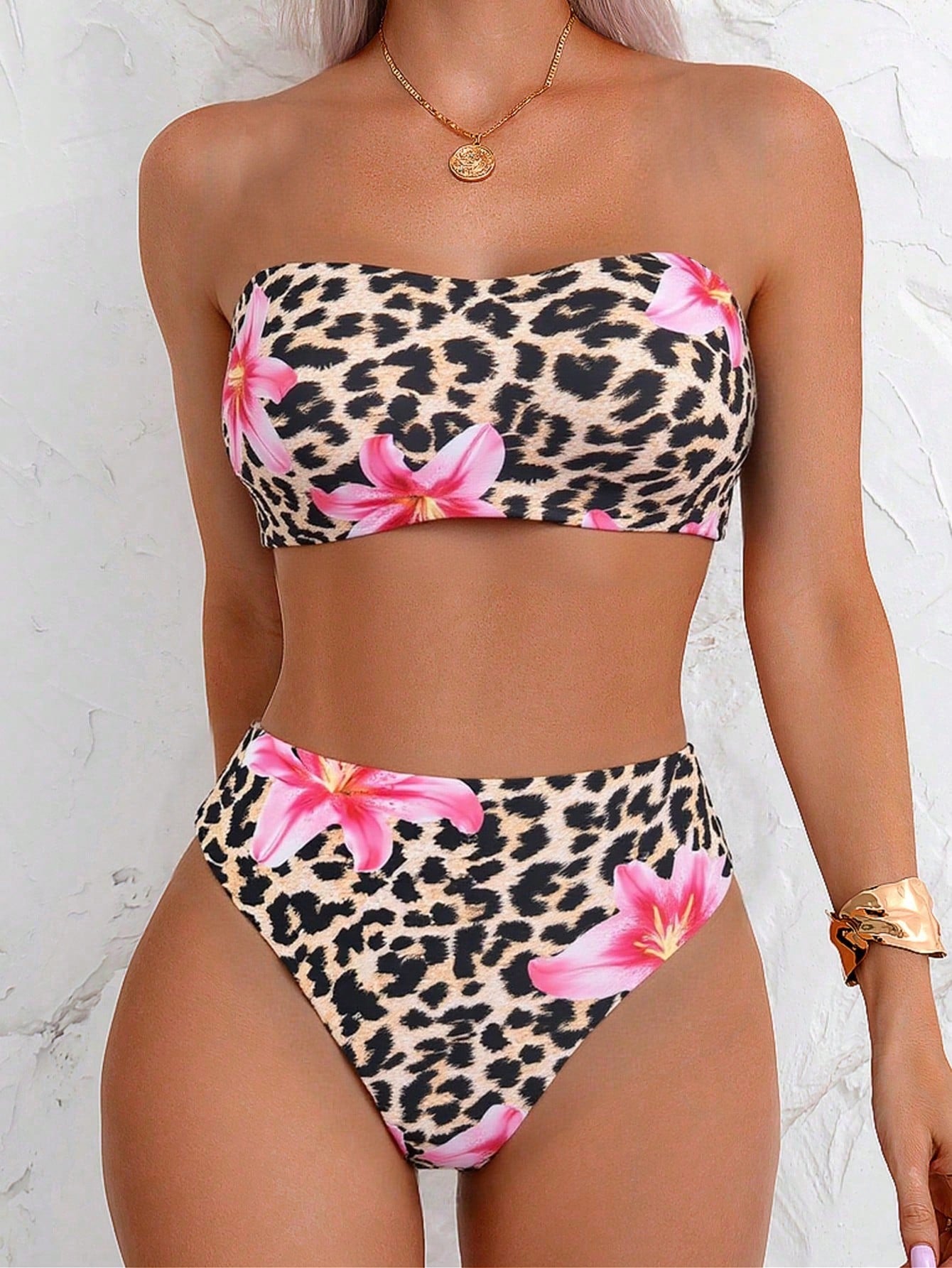 Swim Lushoire Women's Random Print Spaghetti Strap Bandeau Bikini High Waist Swimwear Set, Summer
