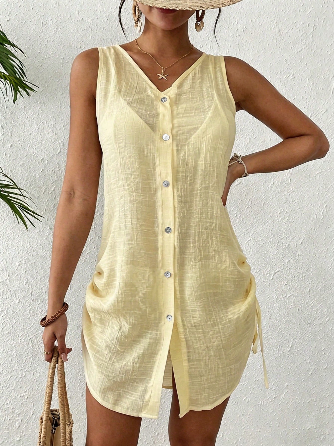 Swim Lushoire Women's Solid V-Neck Single-Breasted Casual Vacation Coverup Dress