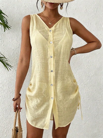 Swim Lushoire Women's Solid V-Neck Single-Breasted Casual Vacation Coverup Dress