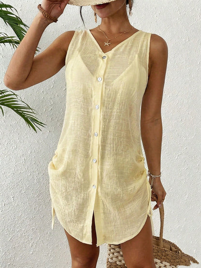 Swim Lushoire Women's Solid V-Neck Single-Breasted Casual Vacation Coverup Dress
