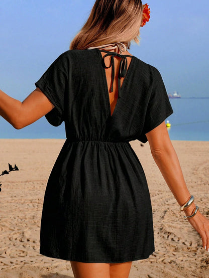 Swim Lushoire Women's Spring/Summer Beach Vacation Dress, Bamboo Fabric Patchwork Lace, V-Neck, Cinched Waist, Backless Tie, Short Sleeve A-Line Cover-Up