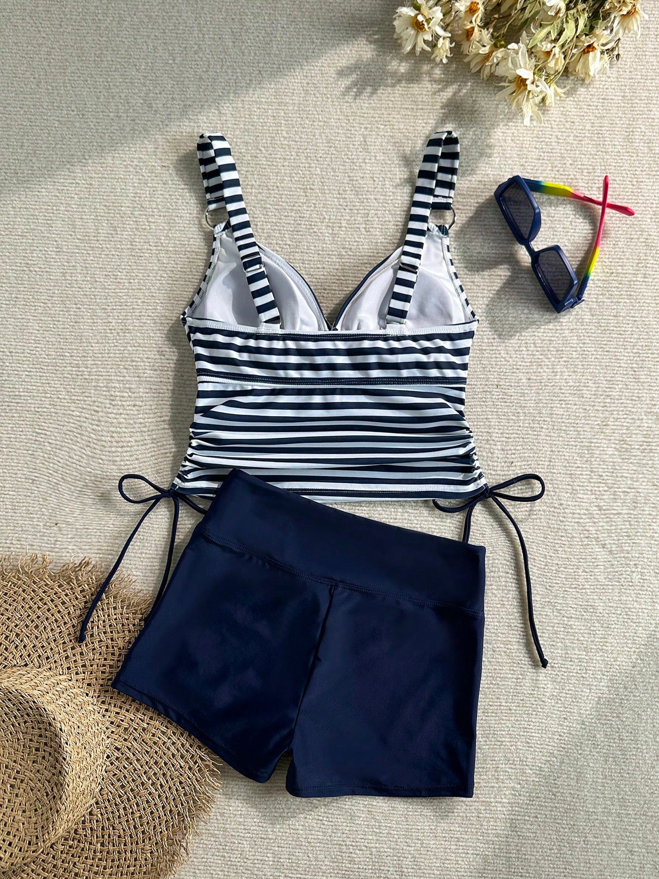 Swim Lushoire Women's Striped Criss-Cross Front Drawstring Tankini Top And Navy Blue Boyshort Bottom Swimwear Set