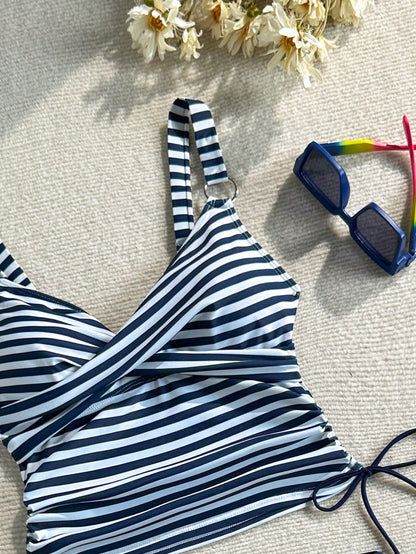 Swim Lushoire Women's Striped Criss-Cross Front Drawstring Tankini Top And Navy Blue Boyshort Bottom Swimwear Set