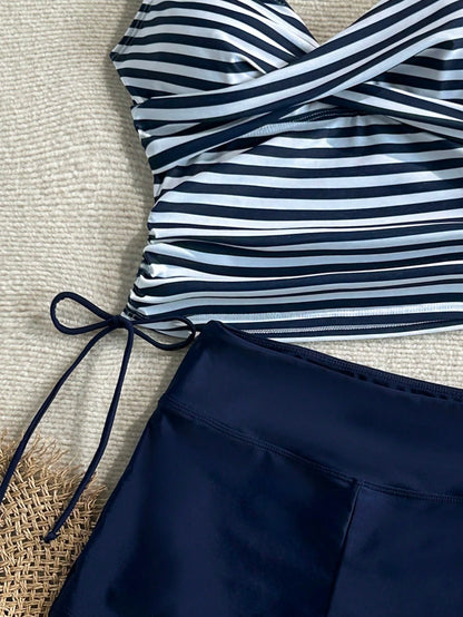 Swim Lushoire Women's Striped Criss-Cross Front Drawstring Tankini Top And Navy Blue Boyshort Bottom Swimwear Set