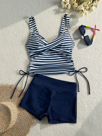 Swim Lushoire Women's Striped Criss-Cross Front Drawstring Tankini Top And Navy Blue Boyshort Bottom Swimwear Set