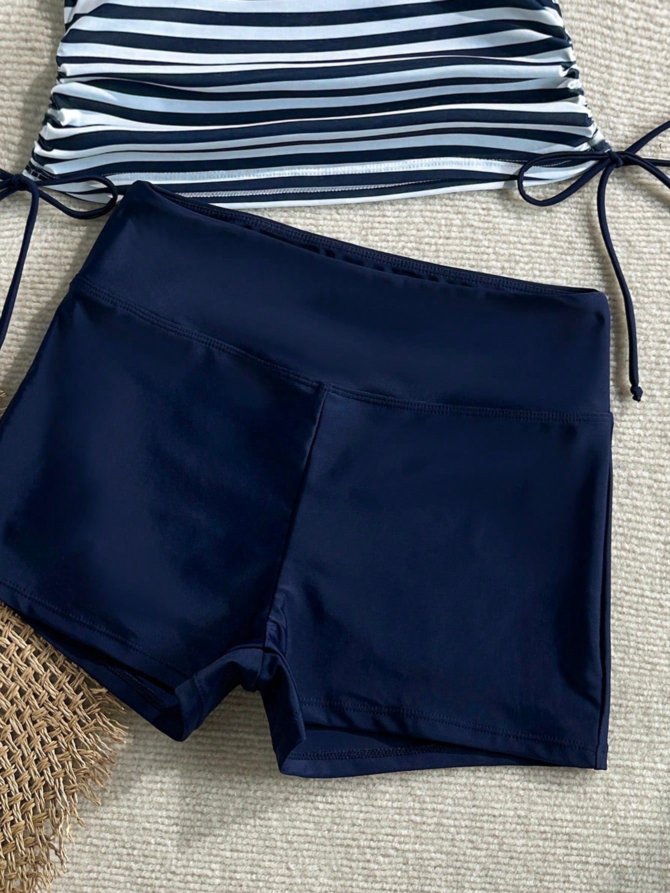 Swim Lushoire Women's Striped Criss-Cross Front Drawstring Tankini Top And Navy Blue Boyshort Bottom Swimwear Set