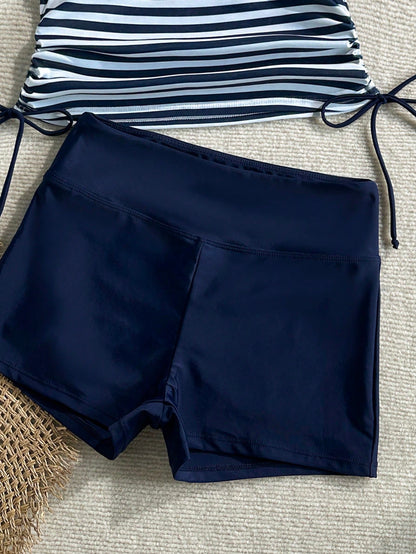 Swim Lushoire Women's Striped Criss-Cross Front Drawstring Tankini Top And Navy Blue Boyshort Bottom Swimwear Set