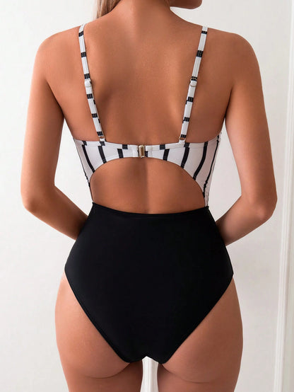 Swim Lushoire Women's Striped Cut Out Waist Spaghetti Straps Black And White One-Piece Swimsuit For Swimming, Vacation, Summer Beach
