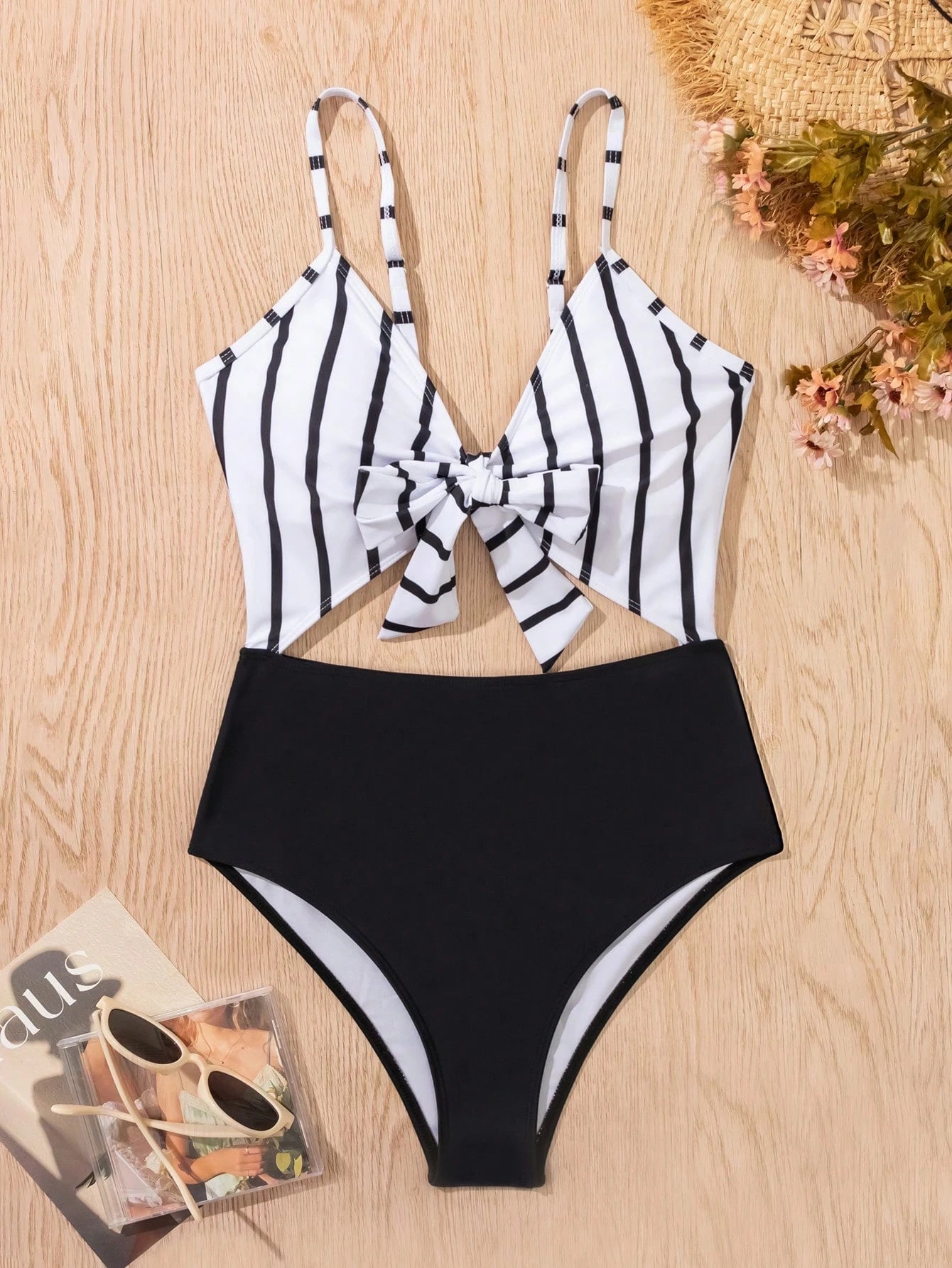 Swim Lushoire Women's Striped Cut Out Waist Spaghetti Straps Black And White One-Piece Swimsuit For Swimming, Vacation, Summer Beach