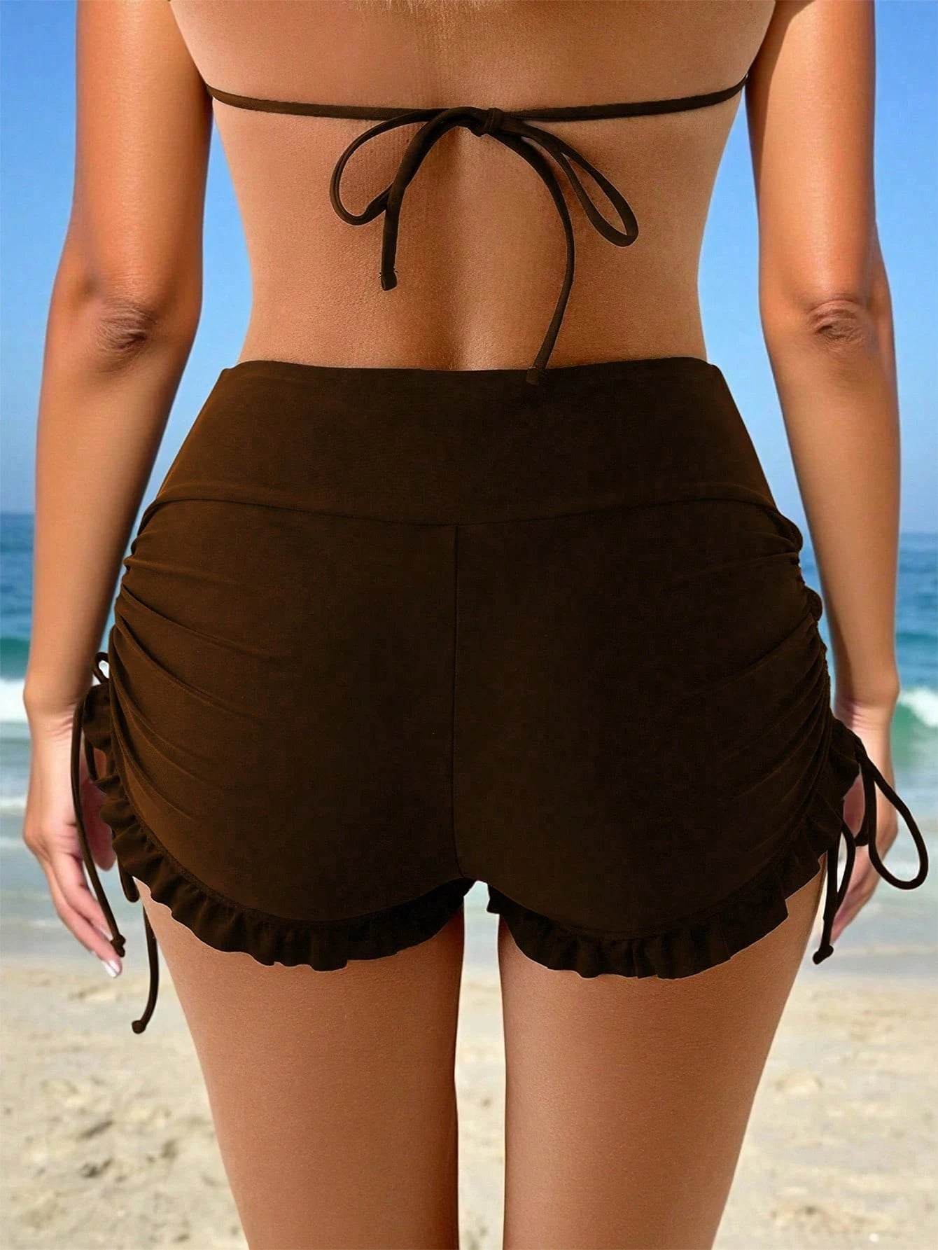 Swim Lushoire Women's Summer Beach Casual Vacation Side Drawstring Ruffle Hem Black Swimwear Bottom