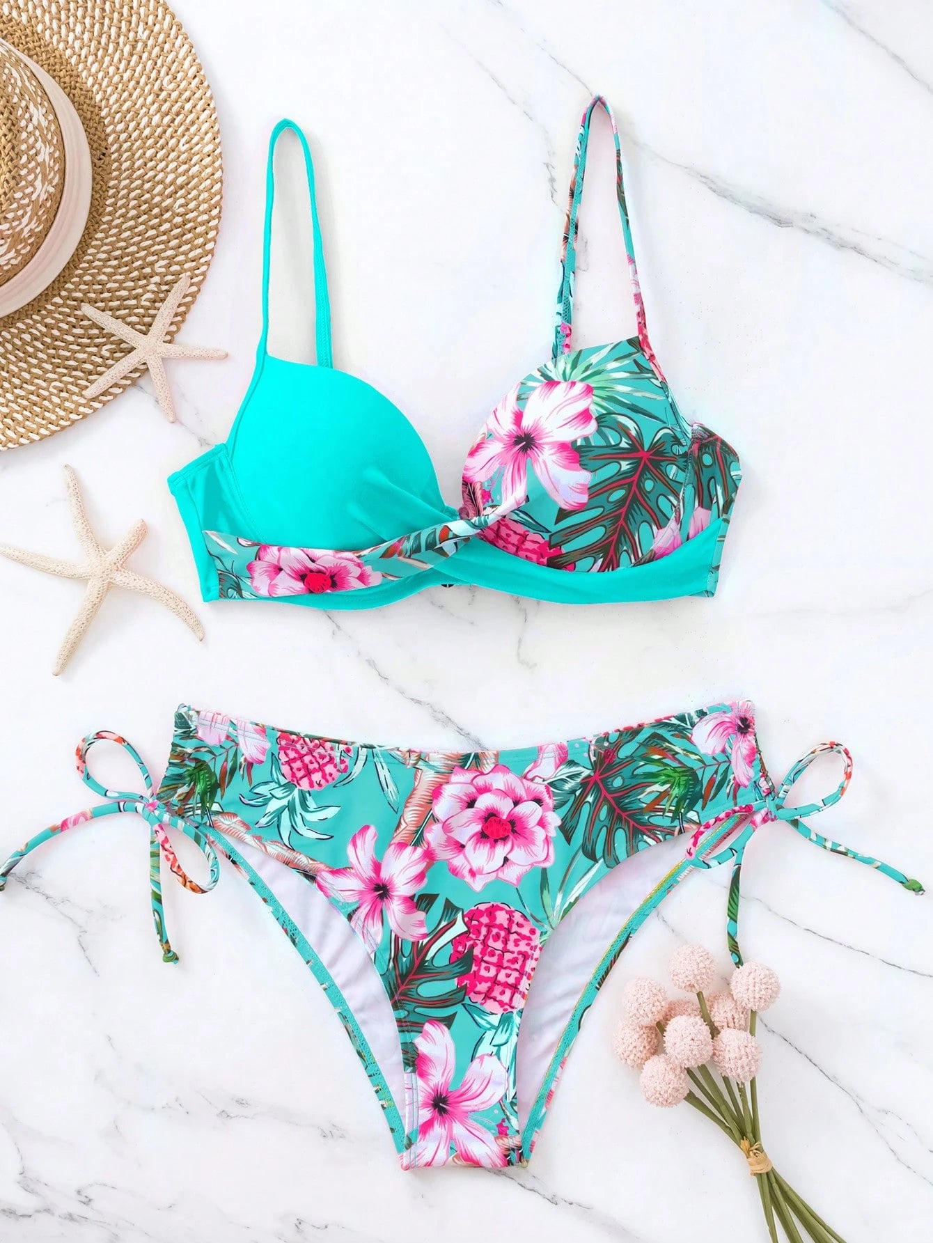 Swim Lushoire Women's Summer Beach Floral Printed Bikini Set With Twist Knot Detail, Random Print Design, Push Up With Underwire
