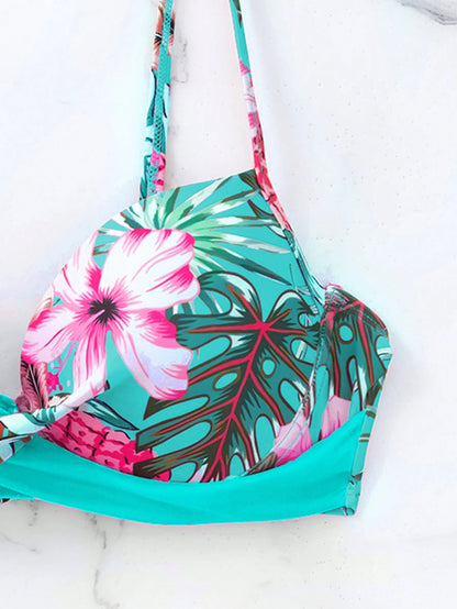 Swim Lushoire Women's Summer Beach Floral Printed Bikini Set With Twist Knot Detail, Random Print Design, Push Up With Underwire