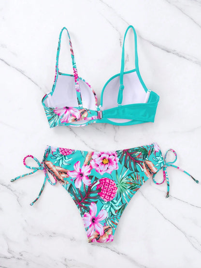 Swim Lushoire Women's Summer Beach Floral Printed Bikini Set With Twist Knot Detail, Random Print Design, Push Up With Underwire