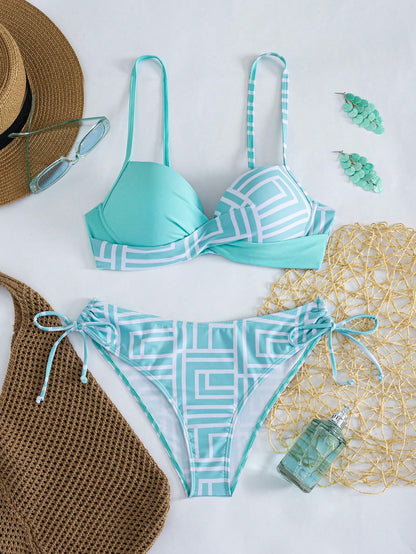 Swim Lushoire Women's Summer Beach Geometric Print Sexy Fashion Bikini Two-Piece Swimsuit Set, Random Print, Push Up With Underwire