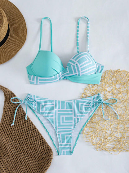 Swim Lushoire Women's Summer Beach Geometric Print Sexy Fashion Bikini Two-Piece Swimsuit Set, Random Print, Push Up With Underwire