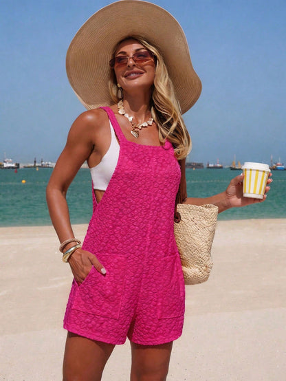 Swim Lushoire Women's Summer Beach Sleeveless Solid Color Textured Leopard Print Towel Embroidered Front Pocket Design Casual Comfortable Wide Leg Jumpsuit Playsuit