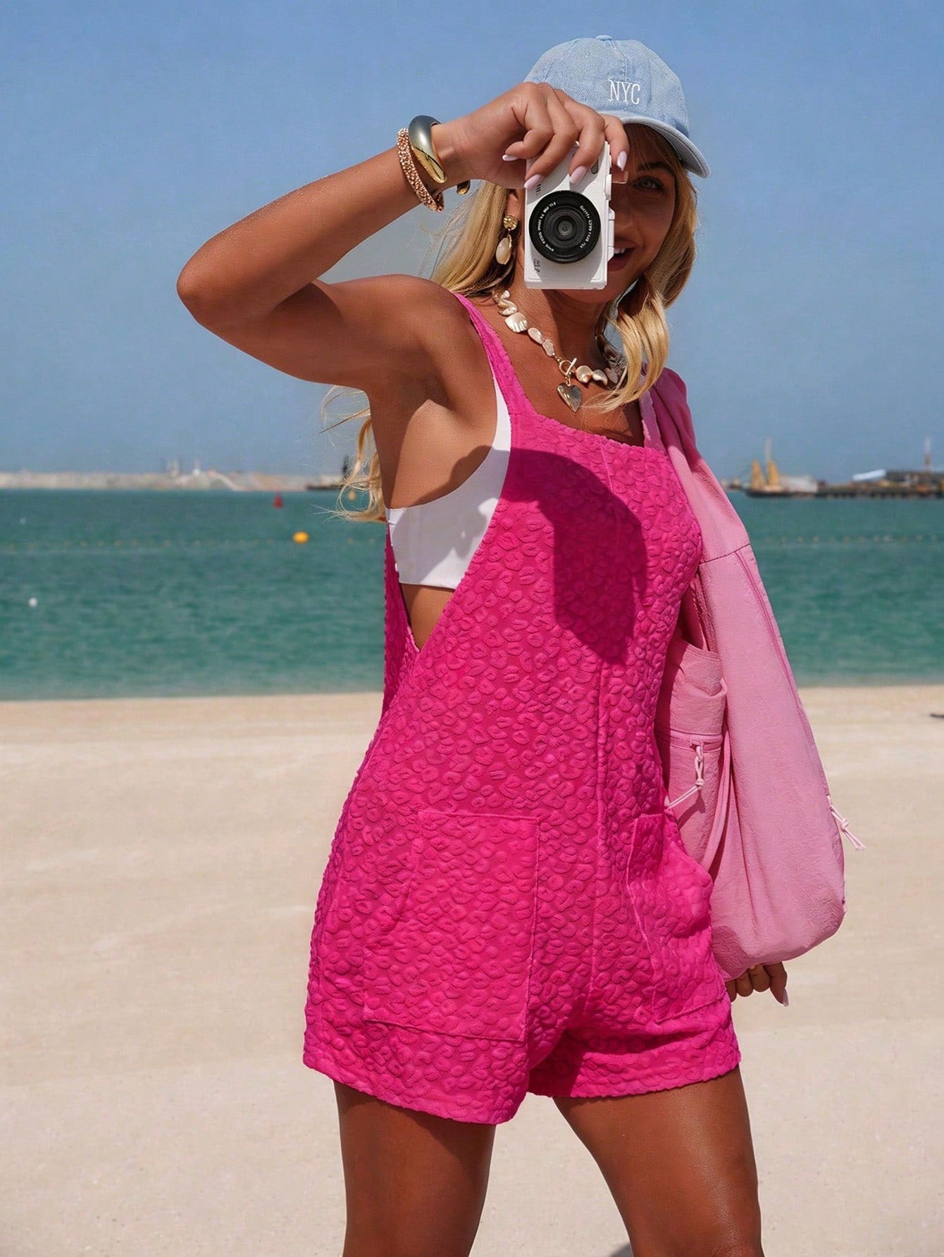 Swim Lushoire Women's Summer Beach Sleeveless Solid Color Textured Leopard Print Towel Embroidered Front Pocket Design Casual Comfortable Wide Leg Jumpsuit Playsuit