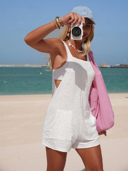 Swim Lushoire Women's Summer Beach Sleeveless Solid Color Textured Leopard Print Towel Embroidered Front Pocket Design Casual Comfortable Wide Leg Jumpsuit Playsuit