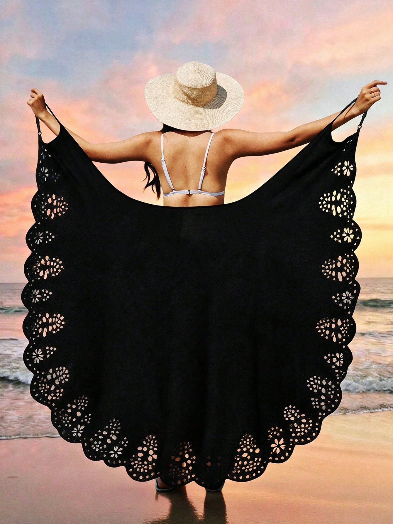 Swim Lushoire Women's Summer Beach Solid Color Adjustable Strap One-Piece Hem Laser Cut Wrap Dress For Vacation