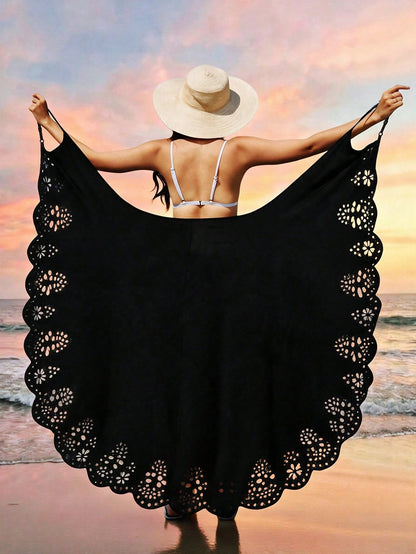 Swim Lushoire Women's Summer Beach Solid Color Adjustable Strap One-Piece Hem Laser Cut Wrap Dress For Vacation