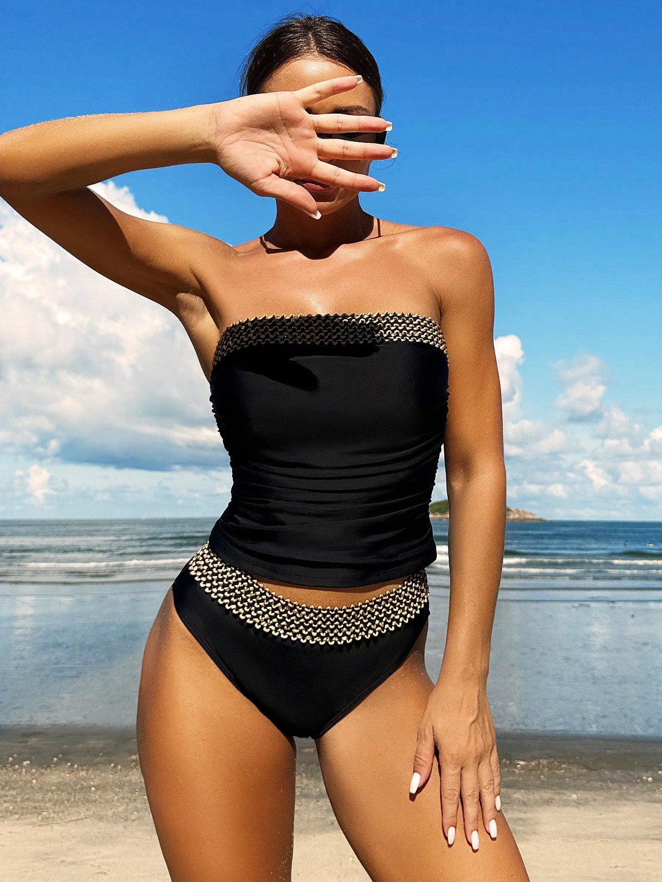 Swim Lushoire Women's Summer Beach Woven Splice Bandeau Tankini Set
