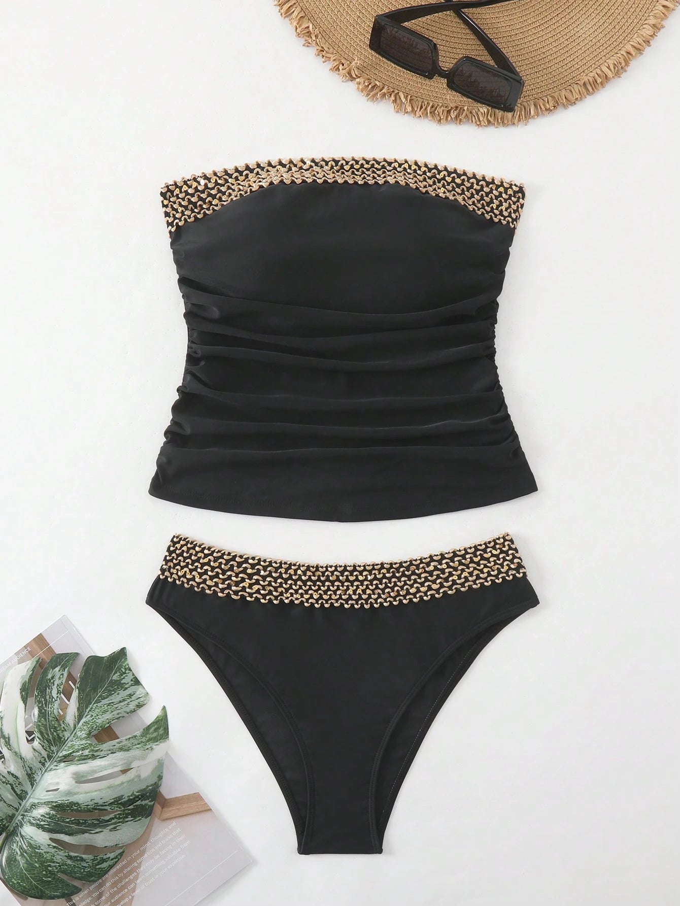 Swim Lushoire Women's Summer Beach Woven Splice Bandeau Tankini Set
