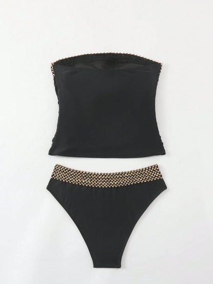 Swim Lushoire Women's Summer Beach Woven Splice Bandeau Tankini Set