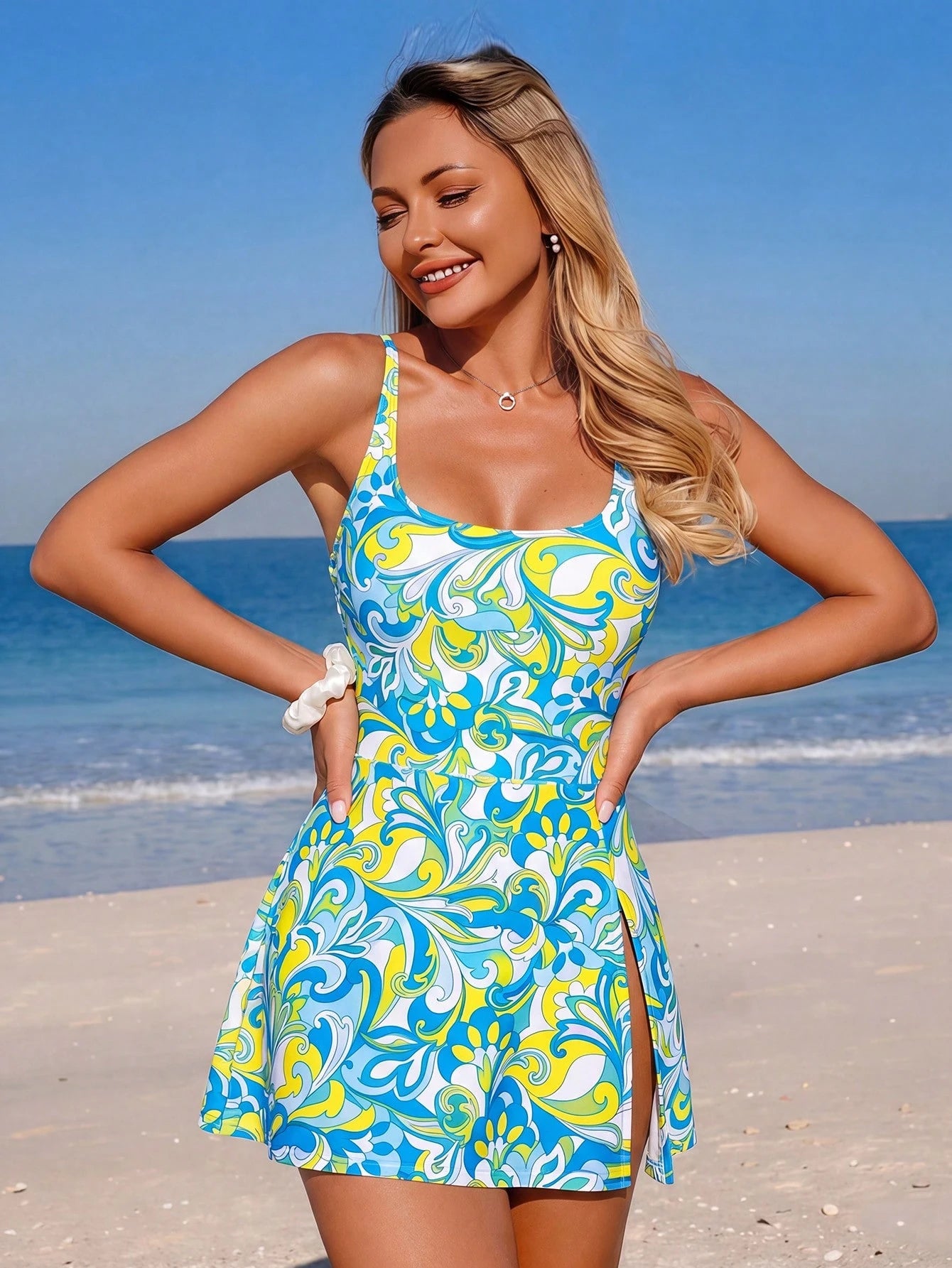 Swim Lushoire Women's Summer Casual Asymmetrical Floral Print Spaghetti Strap U-Neck One-Piece Swimsuit