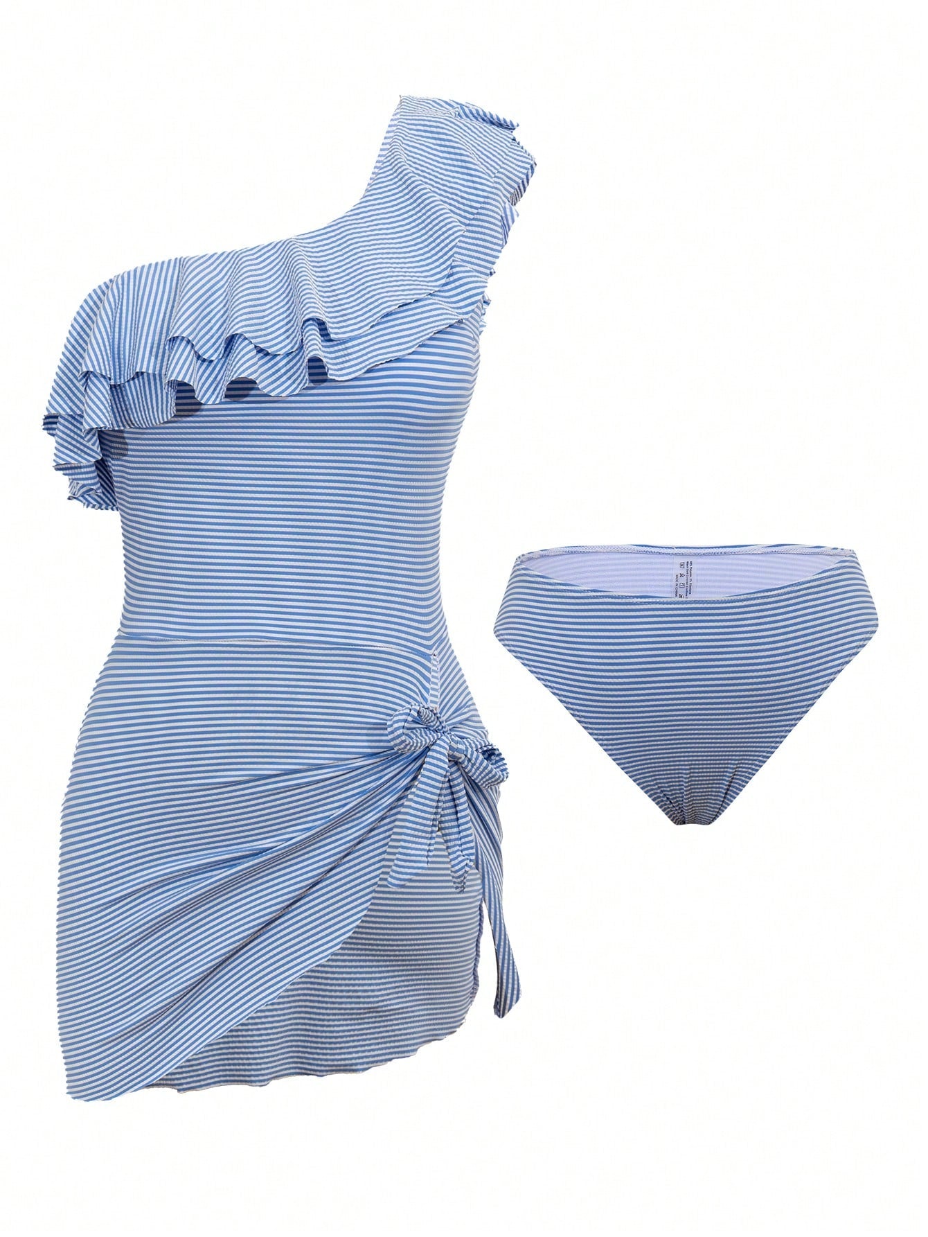 Swim Lushoire Women's Summer Holiday Outfit, Blue & White Striped Knit Fabric One-Shoulder Ruffle Swim Skirt And Regular Triangle Bottoms Set