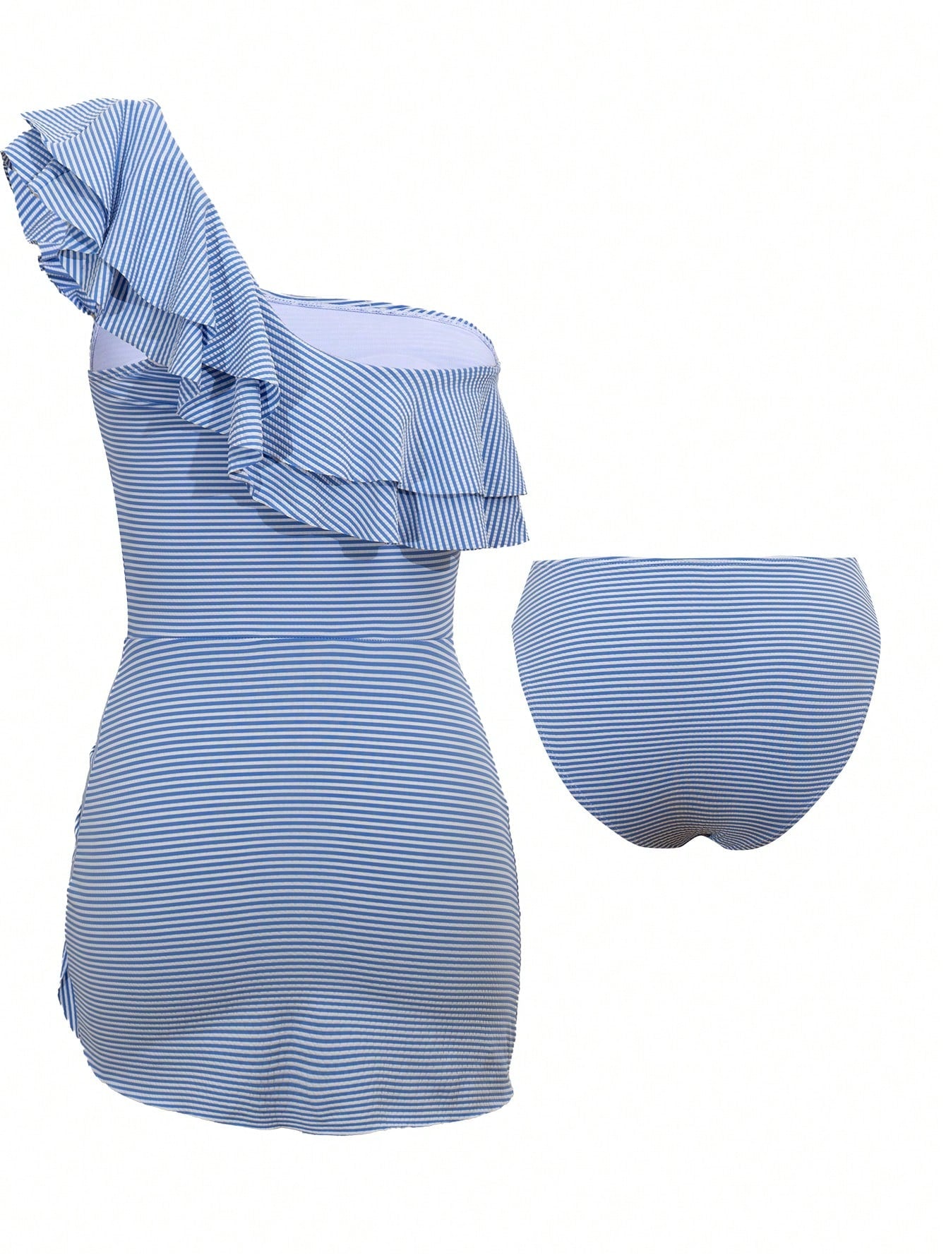Swim Lushoire Women's Summer Holiday Outfit, Blue & White Striped Knit Fabric One-Shoulder Ruffle Swim Skirt And Regular Triangle Bottoms Set