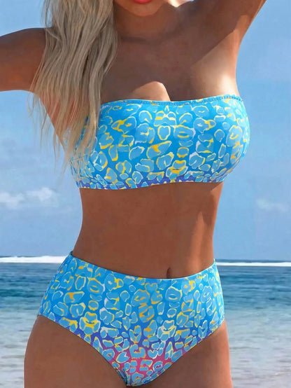 Swim Lushoire Women's Summer Vacation Beach Sexy Colorful Gradient Leopard Print Detachable Spaghetti Strap Bandeau High Waist Bikini Set