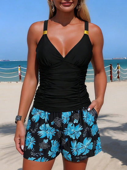 Swim Lushoire Women's Summer Vacation Casual Travel Beach Spaghetti Strap Ruched Flattering Crop Top And High Waist Loose Pocket Swim Shorts Tankini Set