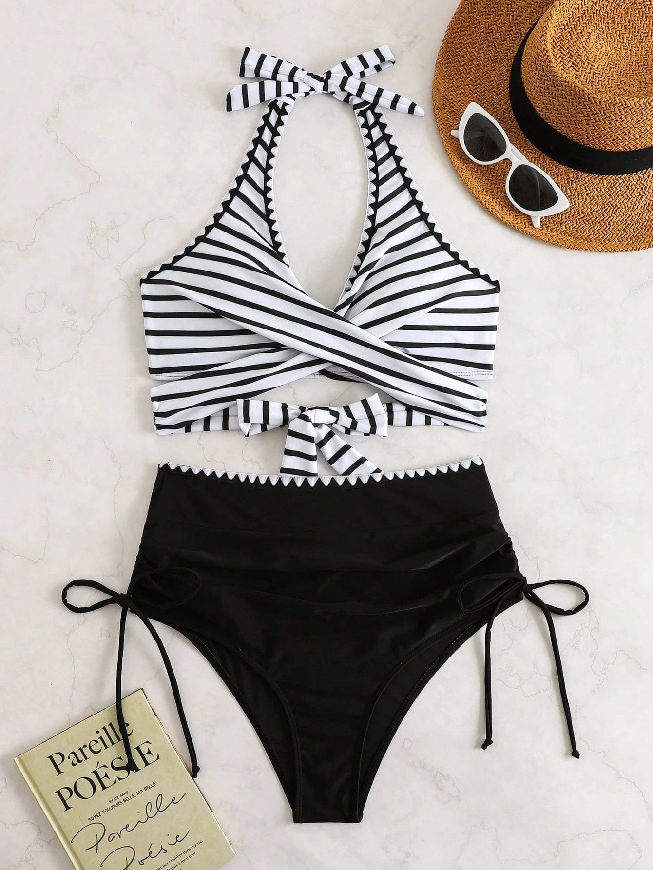 Swim Lushoire Women's Swimwear Set, Criss-Cross Strap Striped Bikini, European And American Sexy High-Waisted Swimwear For Summer Beach