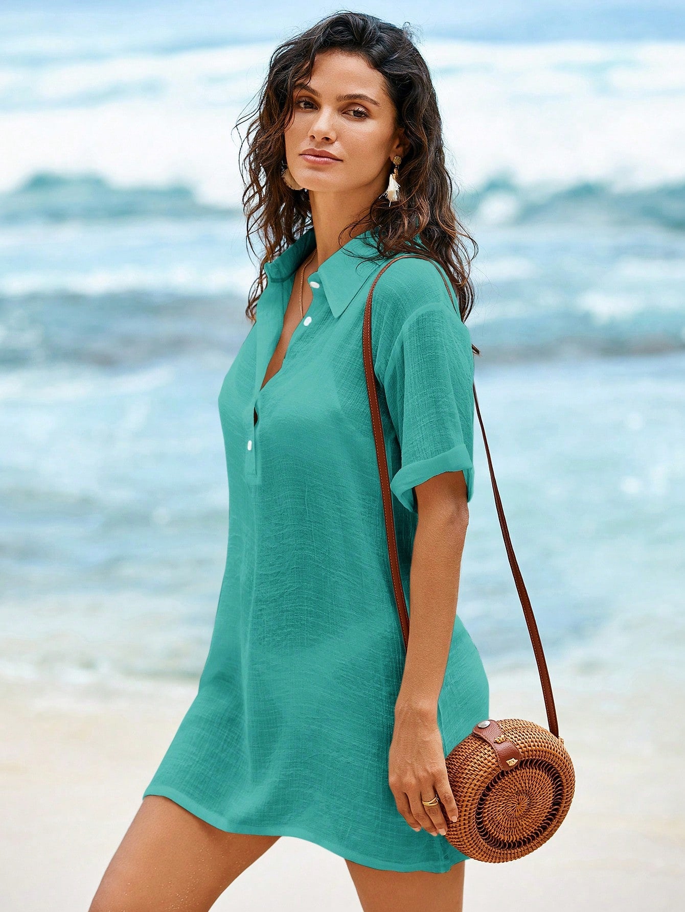 Swim Lushoire Women's Teal Collared Half Sleeve Casual Beach Vacation Swimsuit Cover Up,Summer Holiday Solid Color Green Dress