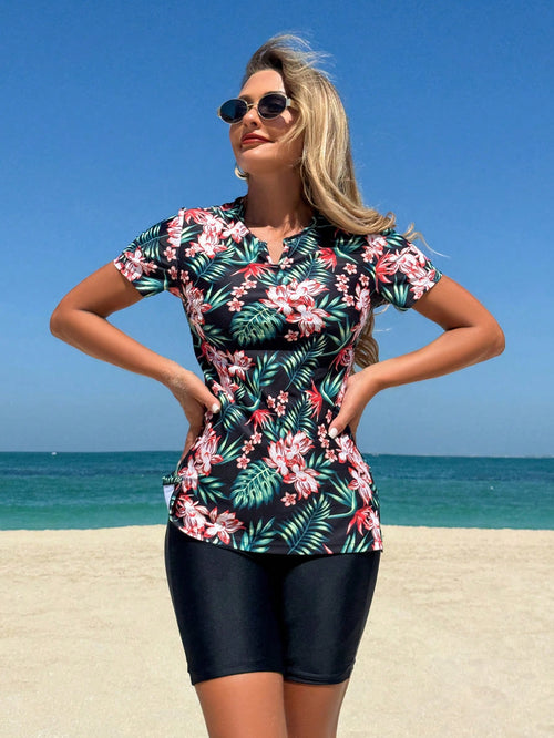 Swim Lushoire Women's Tropical Floral Print Short Sleeve Top And Solid Color Shorts Tankini Set For Summer Beach Vacation