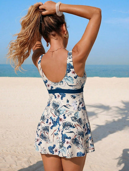 Swim Lushoire Women's Tropical Shell Print White Blue Beach Dress, One-Piece Swimsuit Skirt,Boho Floral Bow Tie Swimwear,Summer,Casual,Holiday,Vacation,Holiday