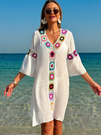 Swim Lushoire Women's V-Neck 3/4 Sleeve Hand Crochet Floral Random Color Side Slit Loose Tunic Dress/Cover Up For Summer Beach Vacation