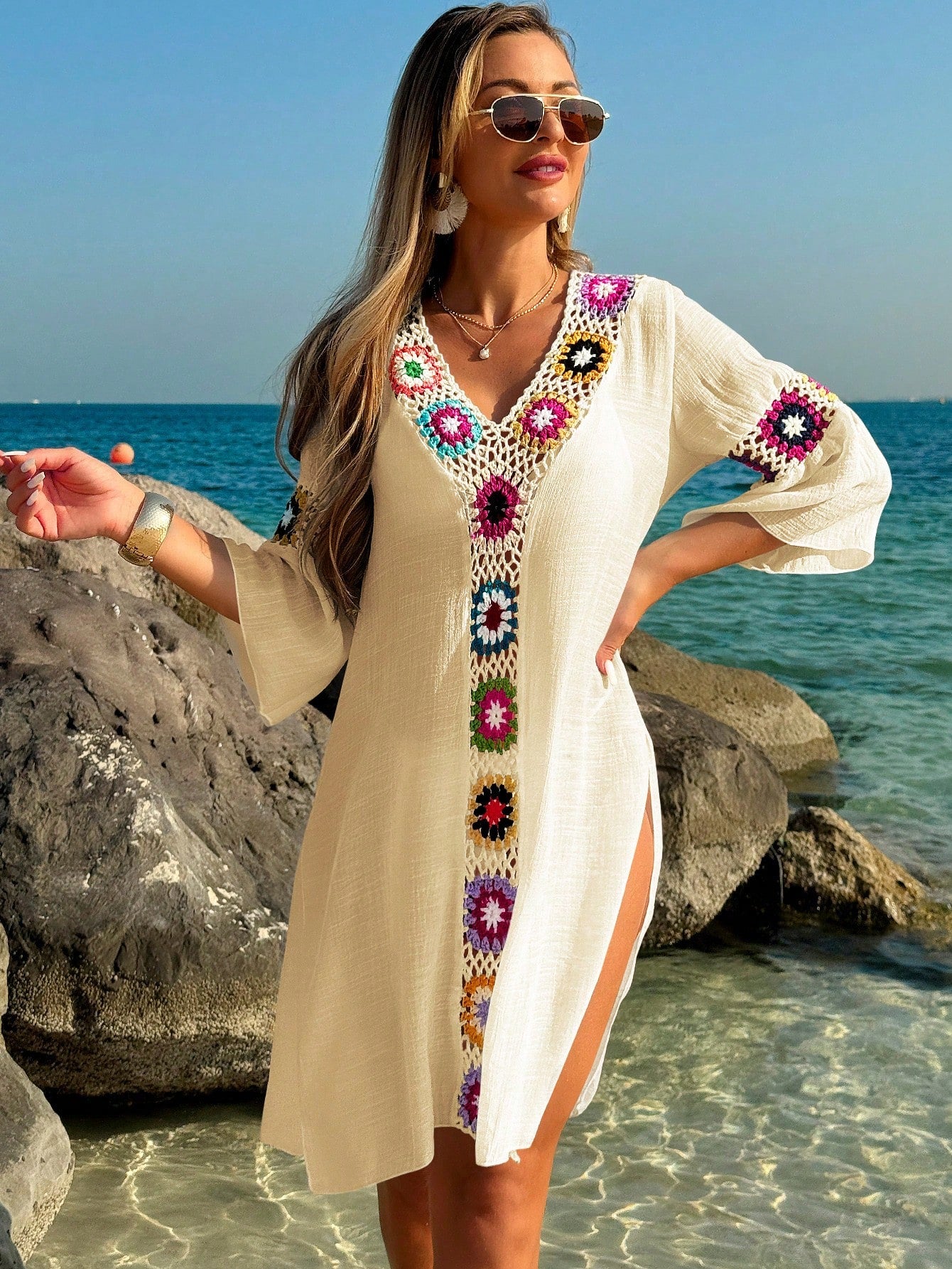 Swim Lushoire Women's V-Neck 3/4 Sleeve Hand Crochet Floral Random Color Side Slit Loose Tunic Dress/Cover Up For Summer Beach Vacation