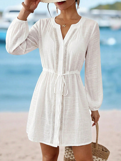 Swim Lushoire Women's White Summer Boho Holiday Vacation Holiday,Lace Patchwork Hollow Front Open Long Sleeve Drawstring Waist Kimono Mini Dress Yacht Coverup