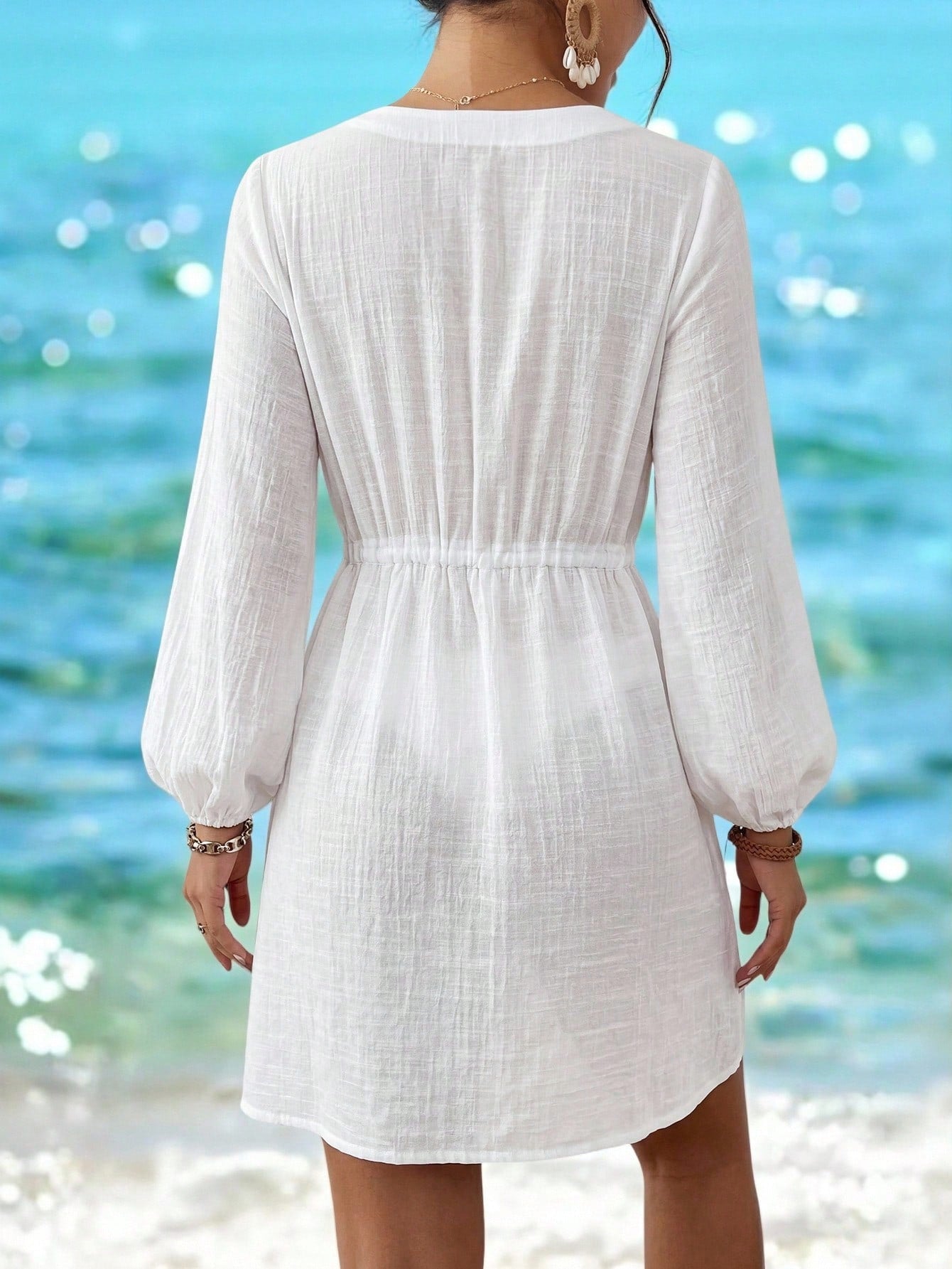 Swim Lushoire Women's White Summer Boho Holiday Vacation Holiday,Lace Patchwork Hollow Front Open Long Sleeve Drawstring Waist Kimono Mini Dress Yacht Coverup