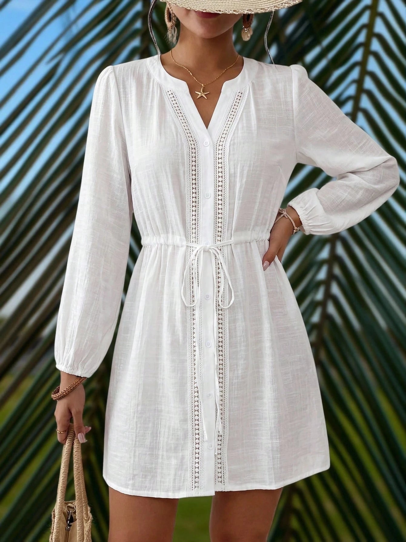 Swim Lushoire Women's White Summer Boho Holiday Vacation Holiday,Lace Patchwork Hollow Front Open Long Sleeve Drawstring Waist Kimono Mini Dress Yacht Coverup